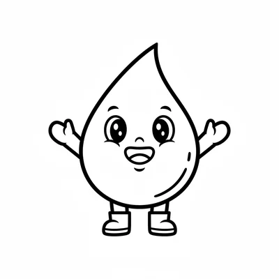 A chibi raindrop character with eyes and a smile, wearing tiny boots coloring page