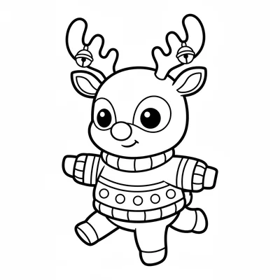 A chibi reindeer character with jingle bells on its antler tips, wearing coloring page