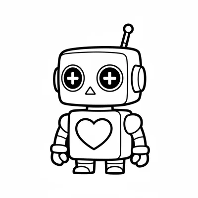 A chibi robot character with a blocky head with antenna, round eyes coloring page