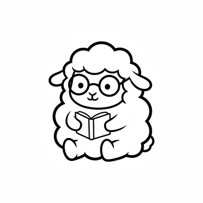 A chibi sheep character with fluffy cloud-like wool, wearing simple spectacles coloring page