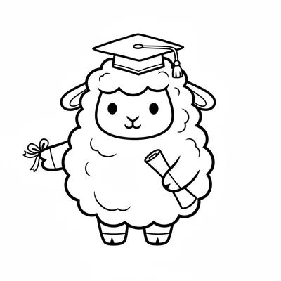 A chibi sheep in a tiny graduation cap, its oversized fluffy round white wool coloring page