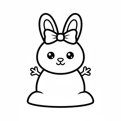 A chibi snow bunny made of snow but with a pink ribbon bow and two dark dot coloring page