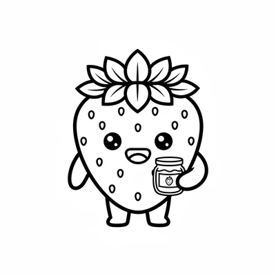 A chibi strawberry character with leaf crown and two small humanoid arms coloring page