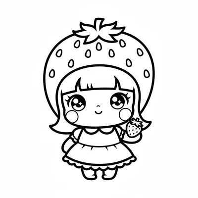 A chibi strawberry shortcake girl with a giant strawberry hat on her enormous coloring page