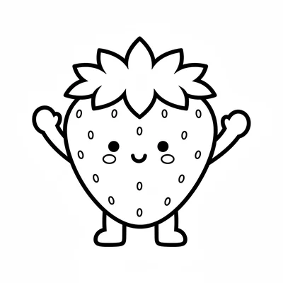 A chibi strawberry with arms and legs, a tiny face in the center coloring page