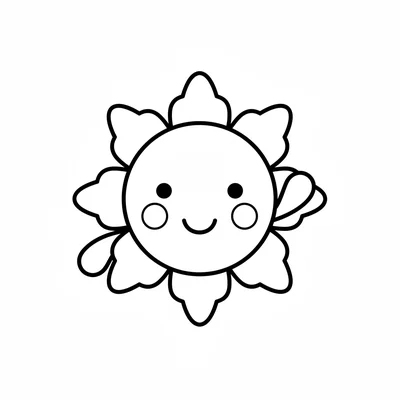 A chibi sun with a round glowing face at its center, eight chunky rounded rays coloring page