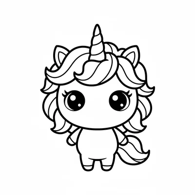A chibi unicorn with a spiral horn on its enormous round head, a flowing pastel coloring page