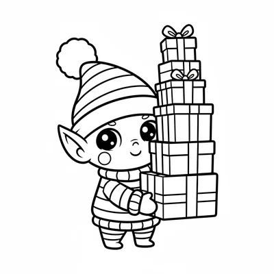 A chibi winter elf with a giant round head in a floppy striped hat coloring page
