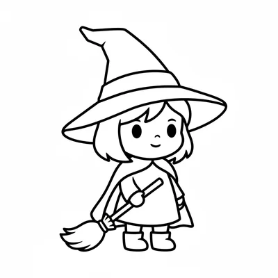 A chibi witch character with an oversized pointy hat, a tiny broomstick coloring page