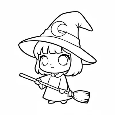 A chibi witch girl with a big pointed hat that is nearly as tall as her coloring page