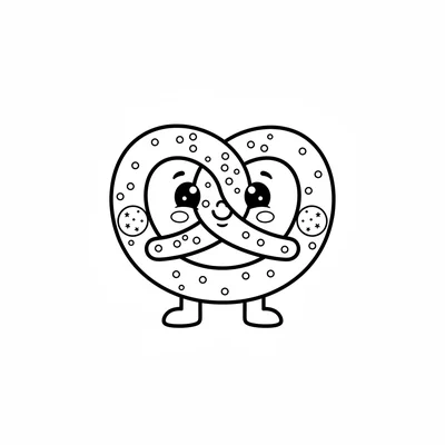 A giant smiling soft pretzel with round eyes and rosy cheeks standing upright coloring page