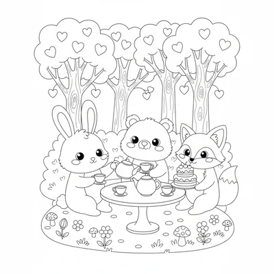 A group of cute animals having a tea party at a low round table in a forest coloring page