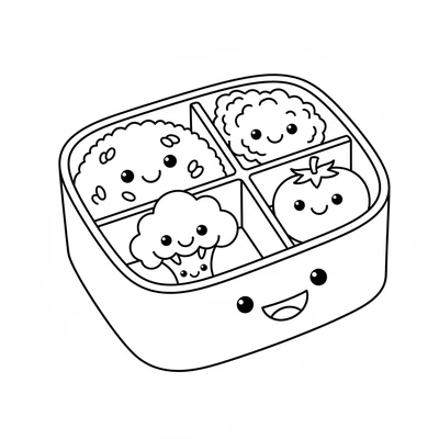 A happy bento box open to show compartments with rice, a tiny karaage, a small coloring page