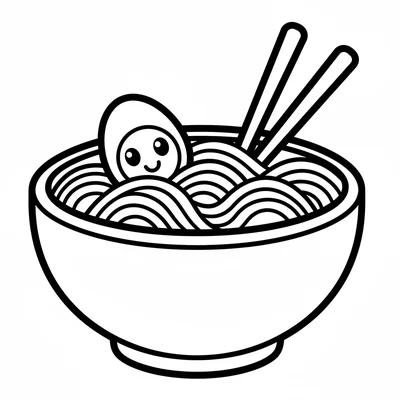 A happy bowl of noodles with wavy noodle strands, a soft-boiled egg with a face coloring page