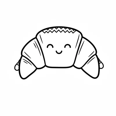 A happy croissant with two tiny hands and a sleepy, content face, simple curved coloring page