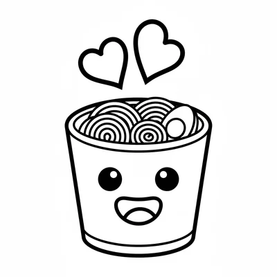 A happy cup of hot ramen with steam wisps that form heart shapes, noodle swirls coloring page