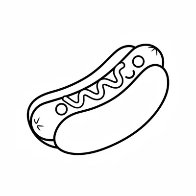 A happy hot dog in a soft bun with a squiggle of mustard that forms a smiley coloring page