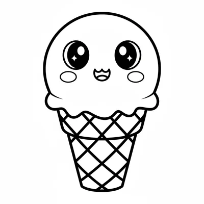 A happy kawaii ice cream cone with two large sparkly eyes on the round scoop coloring page