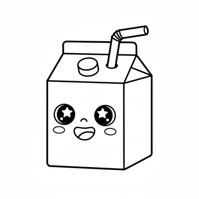 A happy kawaii milk carton with a smiling face on its front, two round eyes coloring page