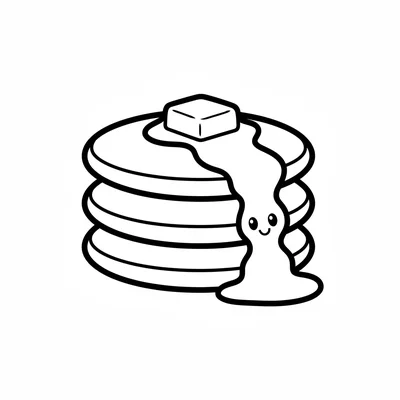 A happy stack of three plain pancakes with a syrup drizzle running down coloring page