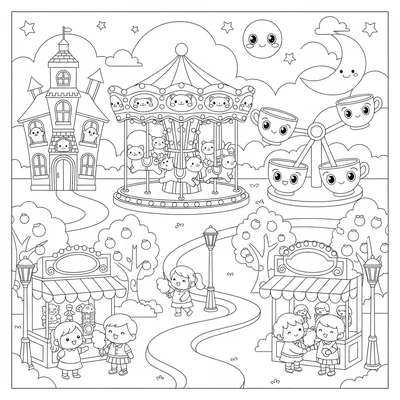 A kawaii amusement park at night with all the rides lit up, a carousel coloring page