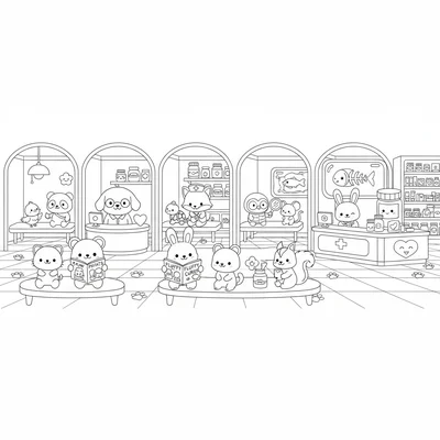 A kawaii animal hospital interior with chibi animal doctors and nurses treating coloring page