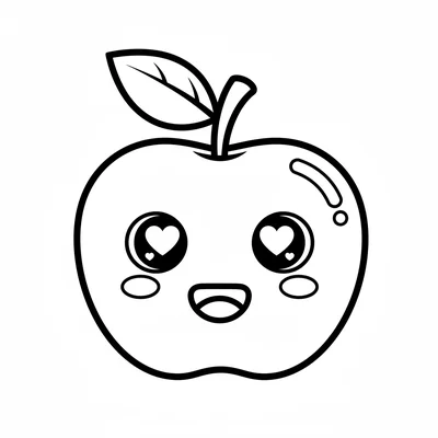 A kawaii apple with a smiling face on its shiny surface, large round eyes coloring page
