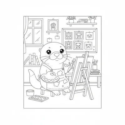 A kawaii art studio scene with a chibi otter painting at an easel, a palette coloring page