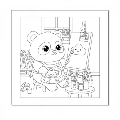 A kawaii art studio scene with a chibi panda painting on a canvas, color coloring page