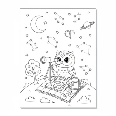 A kawaii astronomy night with a chibi owl using a small telescope on a hilltop coloring page