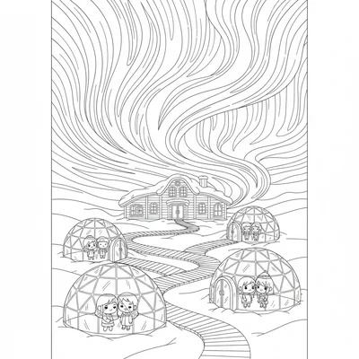 A kawaii aurora borealis viewing resort with glass igloo domes each coloring page