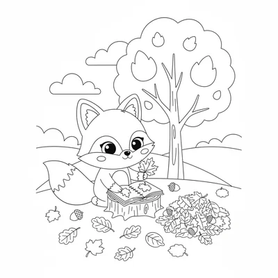 A kawaii autumn leaf collecting scene with a chibi fox carefully picking leaves coloring page