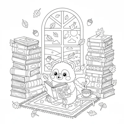 A kawaii autumn library with a chibi tanuki sitting between stacks of books coloring page