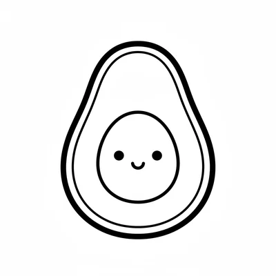 A kawaii avocado half showing its cross-section face, the large round pit coloring page