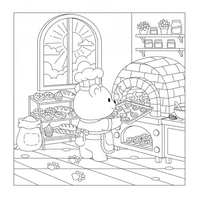 A kawaii bakery morning scene with a chibi bear in an apron pulling a tray coloring page