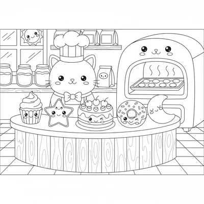 A kawaii bakery scene with a small cat baker behind a counter displaying a row coloring page