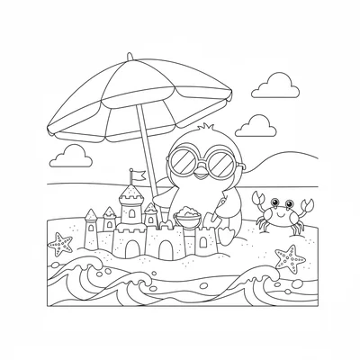 A kawaii beach day with a chibi penguin in sunglasses building a sandcastle coloring page