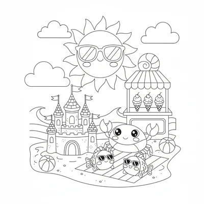 A kawaii beach day with a chibi crab building a sand castle, two chibi fish coloring page