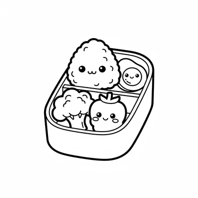 A kawaii bento box open to reveal its contents with cute food faces inside coloring page