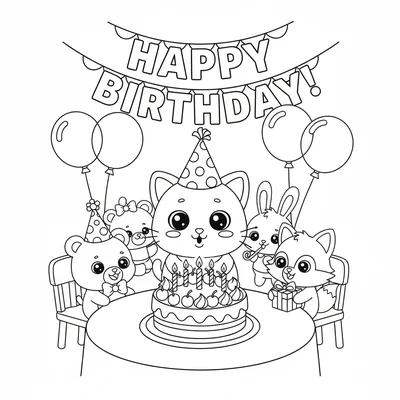 A kawaii birthday party scene with a chibi cat in a party hat blowing out coloring page