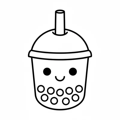 A kawaii bubble tea cup with a smiling face on the round cup body, two large coloring page