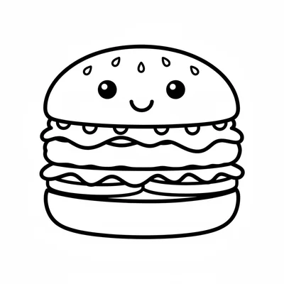 A kawaii burger with the bun showing a happy face, two sesame seeds as eyes coloring page