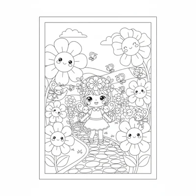 A kawaii butterfly garden with a chibi girl in a flower crown walking a path coloring page