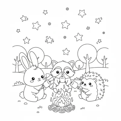 A kawaii campfire scene at night with three chibi critters, a bunny, a raccoon coloring page