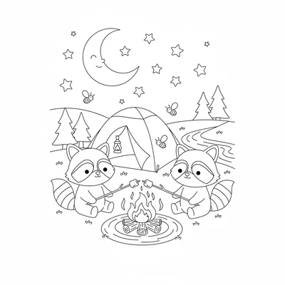 A kawaii camping night scene with two chibi raccoon characters roasting coloring page