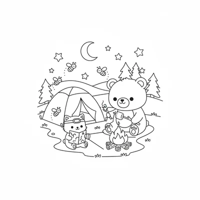 A kawaii camping night with a chibi bear toasting a marshmallow on a stick over coloring page