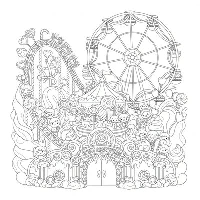 A kawaii candy land theme park with rides shaped like giant sweet treats coloring page
