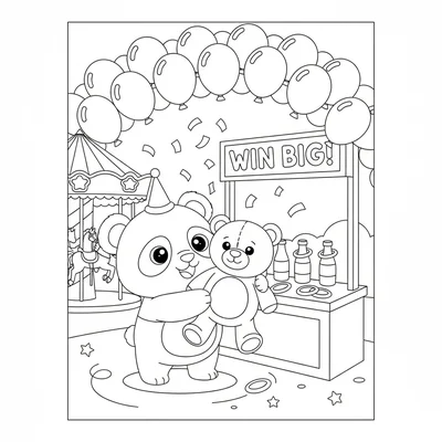 A kawaii carnival scene with a chibi panda winning a giant stuffed animal coloring page