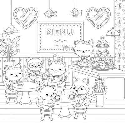 A kawaii cat cafe interior with round tables where chibi cats serve tea coloring page