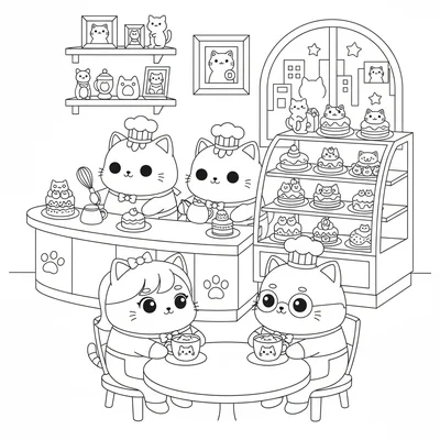 A kawaii cat cafe scene with three chibi cats wearing tiny aprons behind coloring page